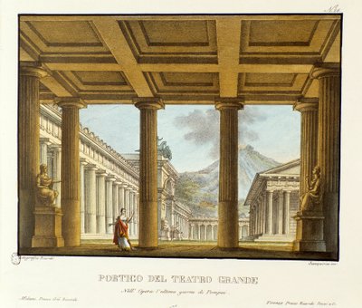Portiko av Grand Theatre i Pompeii, i bakgrunnen Vesuve-scenografien for fremføringen av "operaen" L
