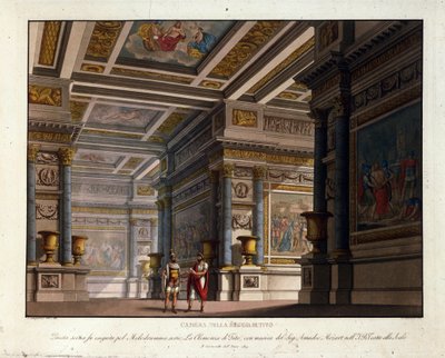 Scenografi av Alessandro Sanquirico (1777-1849) for "La Clemence de Tito" av Wolfgang Amadeus Mozart (1756-1791) klatrer til La Scala i Milano i 1819 og representerer rommet i det kongelige palasset i Tito av Alessandro Sanquirico
