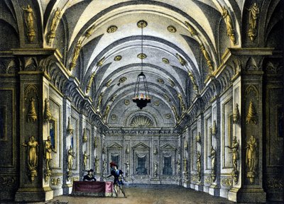 Scenografi av Sanquirico for operaen "Anna Bolena" av Gaetano Donizetti (1797-1848) representert på Teatro Carcano i Milano av Alessandro Sanquirico