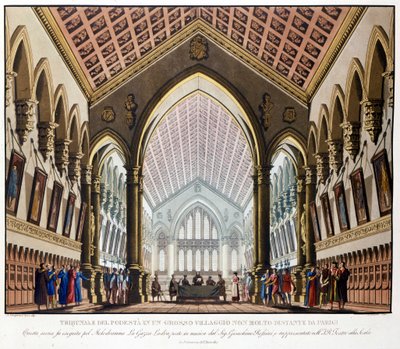 Scenografi av Sanquirico for operaen "La gazza ladra" av Gioacchino Rossini representert på Teatro alla Scala i Milano i 1817: Tribunal du Podestat nær Paris. av Alessandro Sanquirico