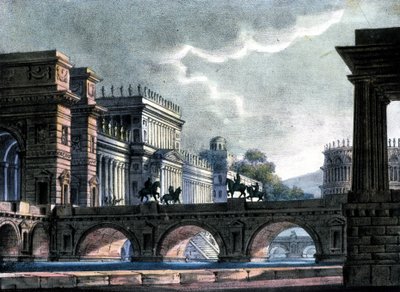 Scenografi av Sanquirico for operaen "The exile of Rome" av Gaetano Donizetti, La Scala av Alessandro Sanquirico