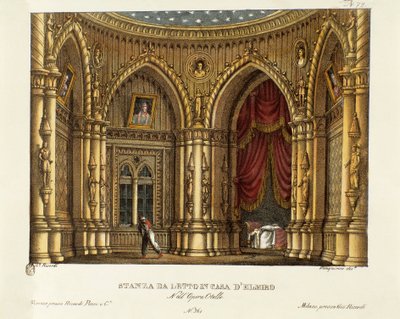 Soverommet til Elmire (eller Elmiro) Scenografi for operaen "" Otello"" av Gioacchino Rossini (eller Gioachino) (1816) etter William Shakespeares stykke "Othello or the Moor of Venice") 1830 (litografi) av Alessandro Sanquirico