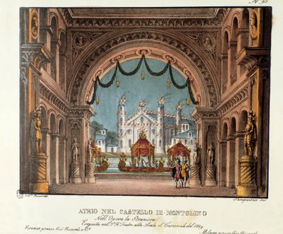 Vestibylen til slottet Montolino i Bretagne Scenografi for forestillingen på Teatro alla scala i 1829 av operaen "La straniera" "(1828) av Vincenzo Bellini. Litografi i "" Samling av naturskjønne oppfinnelser fra 1830 av Alessandro Sanquiri av Alessandro Sanquirico