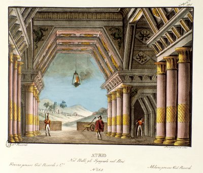 Utsikt over et stort palassrom Scenografi for balletten "" Spanjolene i Peru "" av den italienske koreografen Giovanni Galzerani (1780-1865) (1828). Litografi i "" Samling av naturskjønne oppfinnelser fra 1830 av Alessandro Sanquirico (1777-1849) "". Milan av Alessandro Sanquirico