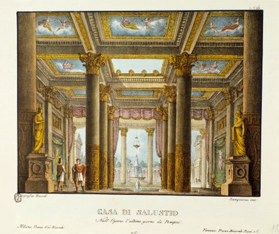 Utsikt over House of Salustio (Saluste) Scenografi for representasjon av Giovanni Pacinis "The Last Day of Pompei" (The Last Day of Pompei). Litografi i "" Samling av naturskjønne oppfinnelser fra 1830 av Alessandro Sanquirico (1777-1849) "". Milan av Alessandro Sanquirico