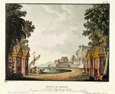 Utsikt over den romerske leiren Scenografi for balletten "" Octavian in Egypt "" av den italienske koreografen Giovanni Galzerani (1780-1865) (1828). Litografi i "" Samling av naturskjønne oppfinnelser fra 1830 av Alessandro Sanquirico (1777-1849) "". Mila av Alessandro Sanquirico