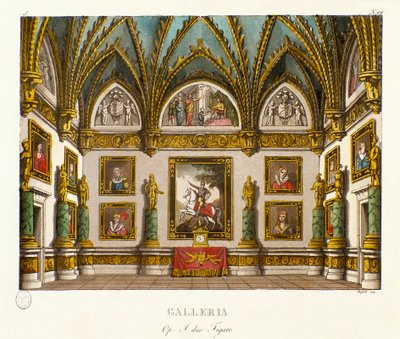 Utsikt over galleriet dekorert av malerier Scenografi for operaen "" I due figaro""" av den italienske komponisten Giuseppe Saverio Raffaele Mercadante (1795-1870), etter stykket "" The two figaros or the Subject of comedie" (1794) ) av Honore Francois Ric av Alessandro Sanquirico