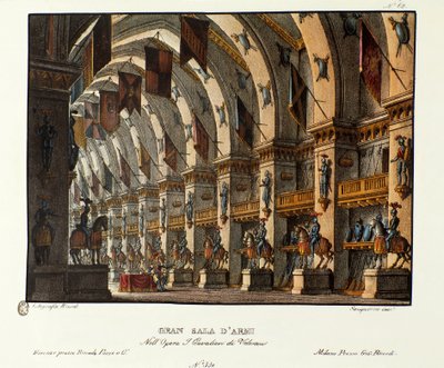Utsikt over det store våpenrommet Scenografi for representasjon av operaen «I cavalieri di Valenza» av Giovanni Pacini og Gaetano Rossi (1828). Litografi i "" Samling av naturskjønne oppfinnelser fra 1830 av Alessandro Sanquirico (1777-1849) "". Milanese s av Alessandro Sanquirico
