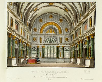 Utsikt over palasset til kongen av Syracuse Argirio Scenografi for forestillingen i Milano i 1829 av operaen "Tancredi" (eller Tancrede) av Gioacchino Rossini (eller Gioachino) (1813) etter Voltaires stykke "Tancrede". Litografi i "" Raccolta di invenzion av Alessandro Sanquirico