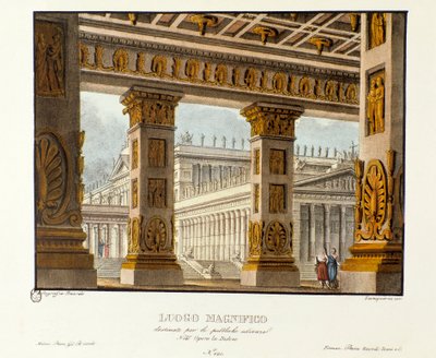 Utsikt over palasset hvor offentlige høringer finner sted Scenografi for representasjon av den lyriske tragedien "" Didone"" (Didon) (1783) av komponisten Niccolo Vito Piccinni (eller Piccini) etter operaen til Metastasio (Metastase). Litografi i "" Raccol av Alessandro Sanquirico