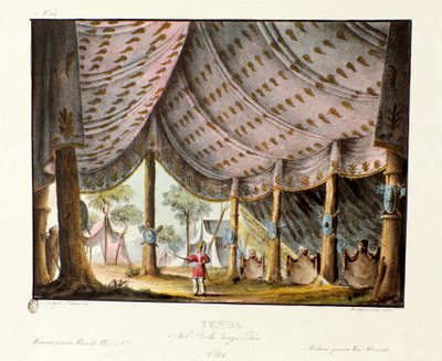 Utsikt over det kongelige teltet til Genghis Khan Scenografi for balletten "" Genis-Kan "av den italienske koreografen Giovanni Galzerani (1780-1865) (1828). Litografi i "" Samling av naturskjønne oppfinnelser fra 1830 av Alessandro Sanquirico (1777-1849)  av Alessandro Sanquirico