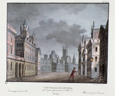 Utsikt over forstedene til London Scenografi for representasjon av operaen "Giovanna Shore" (Jeanne Shore) av Carlo Ponti (1829). Litografi i "" Samling av naturskjønne oppfinnelser fra 1830 av Alessandro Sanquirico (1777-1849) "". Milanesisk privat samlin av Alessandro Sanquirico
