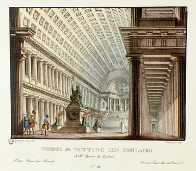 Utsikt over tempelet til Neptun Scenografi for representasjon av den lyriske tragedien "" Didone "" (Didon) (1783) av komponisten Niccolo Vito Piccinni (eller Piccini) etter operaen til Metastasio (Metastase). Litografi i "" Samling av naturskjønne oppfinn av Alessandro Sanquirico