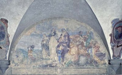 St. Antoninus forkynner for en kjøpmann som han reddet fra en forferdelig storm, lunette (fresco) av Alessandro Tiarini