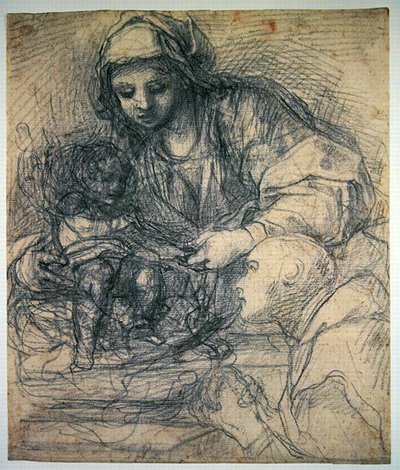 Madonnaen og barnet med en karteusisk munk (svart kritt over pekepennen på lyseblått papir) av Alessandro Tiarini