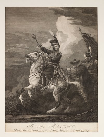 Portrett av grev Platov (1751-1818) til hest (gravering) av after Alexander Orlowski