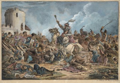 Bataille entre les Georgiens et les tribus de montagne - Kampen mellom georgierne og fjellstammene - Orlowski (Orlovsky), Alexander Osipovich (1777-1832) - 1826 - Litografi, akvarell - 54x77 - Privat samling av Alexander Orlowski