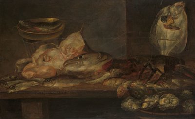 Stilleben med fisk og en hummer og østers på et bord i nærheten av Alexander Adriaenssen