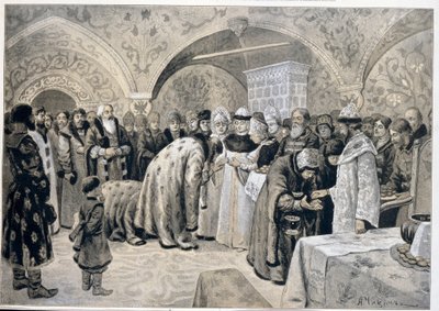 Mottakelsen av tsarinaen etter påskematineene. Verk av Alexander Andreyevich Chikin (1865-1924), litografi. russisk kunst av Alexander Andreyevich Chikin