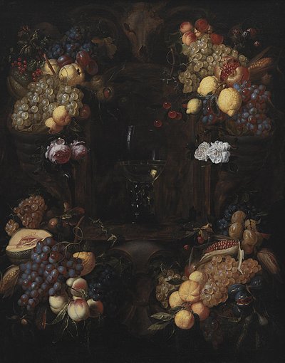 Cartouche med kranser av frukt og et vinglass av Alexander Coosemans
