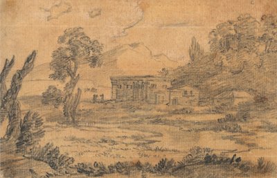 Bygninger ved en elv med åser i bakgrunnen av Alexander Cozens