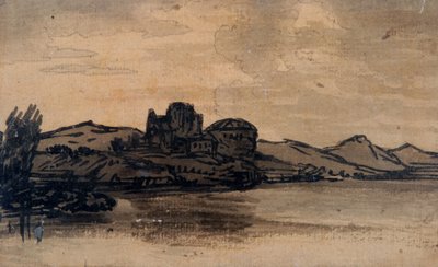 Italiensk landskap med kuppelbygning (blyant og vask på papir) av Alexander Cozens