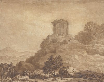 Landskap med et ødelagt tempel, ca. 1756 (grafitt og vask på papir) av Alexander Cozens