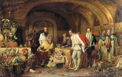 Ivan IV av Russland demonstrerer skattene sine for ambassadøren til dronning Elizabeth I av England, 1875 av Alexander Dmitrievich Litovchenko