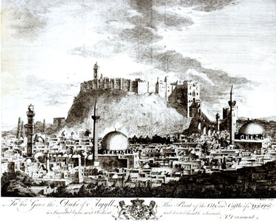 En utsikt over byen og slottet i Aleppo, Syria, 1754 av Alexander Drummond