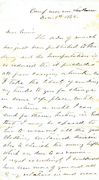 Brev signert A.E. Steen, leir nær Van Buren, til fetteren Mrs. Mary Walker, Van Buren, Ark., 1. desember 1862 av Alexander Early Steen