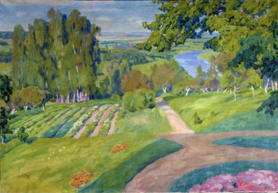Et landsted. Maleri av Alexander Fyodorovich Gaush (1873-1947), olje på lerret, cirka 1910, russisk kunst, art nouveau. Regionalt M.Vrubel kunstmuseum, Omsk (Russland). av Alexander Gaush