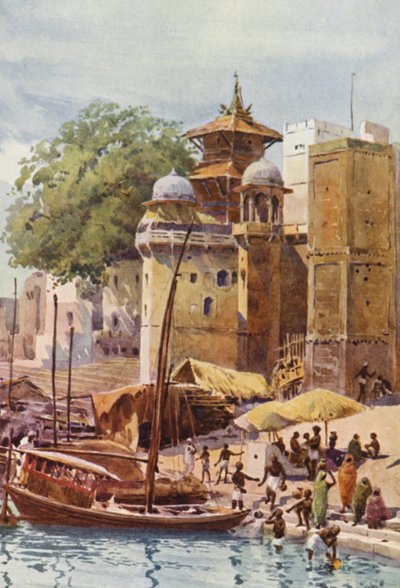 The Bathing Ghats, Benares (farge litho) av Alexander Henry Hallam Murray