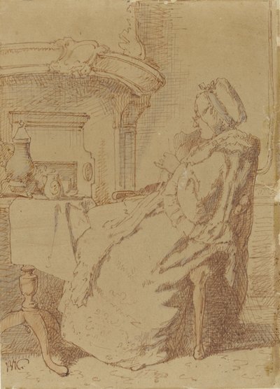 Sitter og strikker kjerring ved et bord av Alexander Hugo Bakker Korff