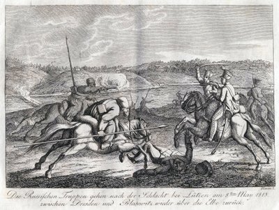 Russiske tropper drar etter slaget ved Lutzen tilbake over Elben - Sauerweid, Alexander Ivanovich (1783-1844) - 1813 - Etsning - 21x26 - Privat samling av Alexander Ivanovich Sauerweid