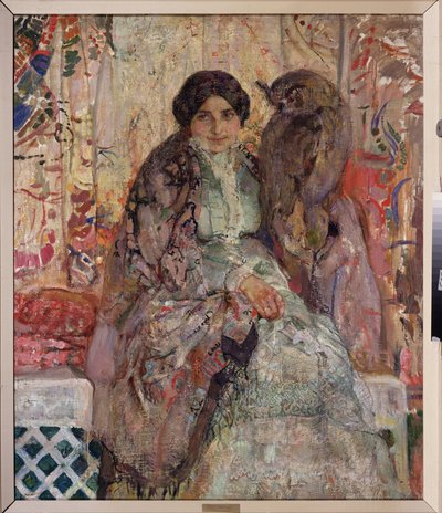 Kvinne med en ørnugle. Maleri av Alexander Ivanovich Savinov (1881-1942), olje på lerret av Alexander Ivanovich Savinov