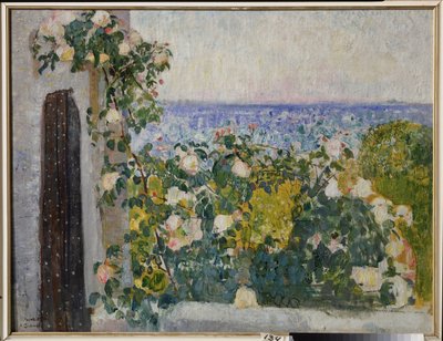 Blomster på balkongen i Roma (Italia). Maleri av Alexander Ivanovich Savinov (1881-1942), olje på lerret av Alexander Ivanovich Savinov