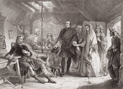 Det første møtet mellom prins Charles og Flora Macdonald på øya South Uist, 1747, fra "Illustrasjoner av engelsk og skotsk historie" bind II av Alexander Johnston