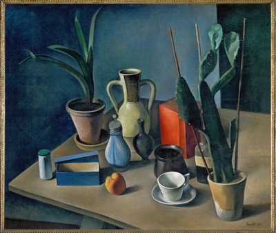 Stort stilleben med kanner og rød tekanne (maleri på lerret) av Alexander Kanoldt