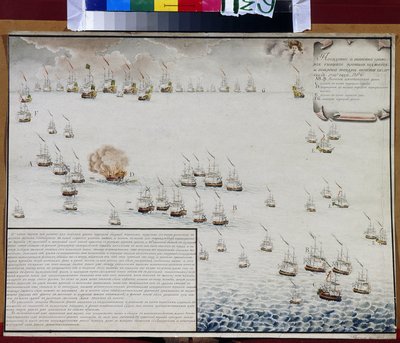 Sjøslaget ved Tendra (i Svartehavet) 8. og 9. september 1790. (Sjøslaget ved Tendra 8. og 9. september 1790). Episode av den russisk-tyrkiske krigen (1787-1792). Verk av Alexander Nikolaevich Depaldo (1876-1939), akvarell på papir. russisk kunst av Alexander Nikolaevich Depaldo