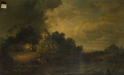 Romantisk landskap med hester som drikker, sent på 1800-tallet av Alexander Panton