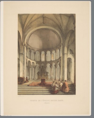 Interiør i Onze-Lieve-Vrouwe-Basiliek te Maastricht-koret til Vår Frue kirke, Maestricht (tittel på objekt) Antikke arkitekturmonumenter fra det ellevte århundre til det trettende århundre i Limburg (serietittel) av Alexander Schaepkens