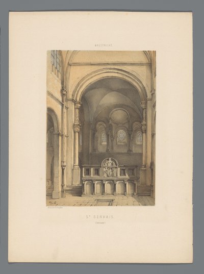 Interiør av Saint Servatius-basilikaen i Maastricht St. Servais (Intérieur) (tittel på objekt) Monuments de Maestricht (serietittel) av Alexander Schaepkens