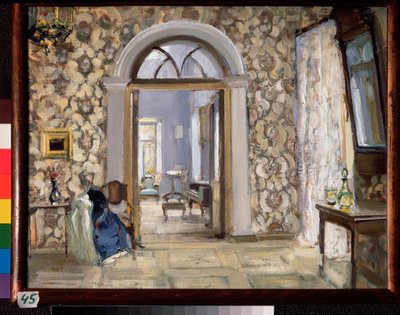 Mottaksrommet til Obninskys herregård Belkino - Verk av Alexander Valentinovich Sredin (Sredine) (1872-1934), olje på papp - russisk kunst, sent 1800-begynnelsen av 1900-tallet, modernisme - stat av Alexander Sredin