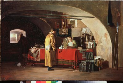 Et administrasjonskontor i fyrstedømmet Moskva (An Office in Muscovy) - Maleri av Alexander Stepanovich Yanov (1857-1918), olje på lerret av Alexander Stepanovich Yanov