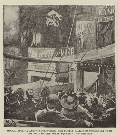 Mademoiselle Adelina Antonio fremfører sin doble bakoversalto fra taket på Royal Aquarium, Westminster av Alexander Stuart Boyd