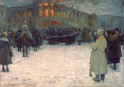 En brann ved det litauiske slottet, februarrevolusjonen 1917, St. Petersburg - Verk av Alexander Ivanovich Vakhrameyev (1874-1926), gouache på papir av Alexander Vakhrameyev