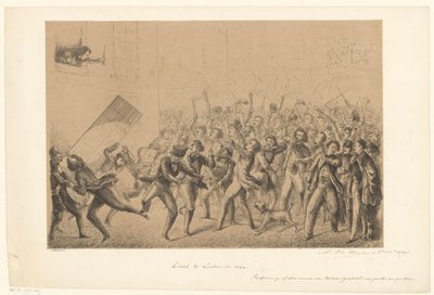 Jublende studenter hilser på idolet Franz Liszt Liszt i Leiden i 184* (tittel på objekt) Fra fortiden (serietittel) av Alexander Ver Huell (signed by artist)