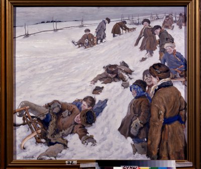 Vintersport (Vintersport). Sledescene, i et snødekt felt, varmt kledde barn som har det gøy og ler høyt. Maleri av Alexander Viktorovich (Alexander Victor) Moravov (1878-1951), olje på lerret av Alexander Viktorovich Moravov