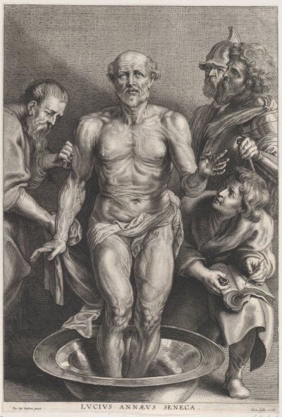 The Death of Seneca, stående i midten med føttene i et basseng med vann, støtte..., ca. 1655-78. av Alexander Voet