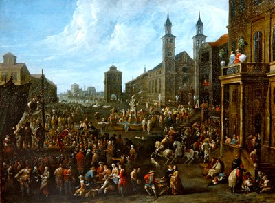 En markedsscene med gateartister og andre figurer (olje på lerret) av Alexander van Bredael